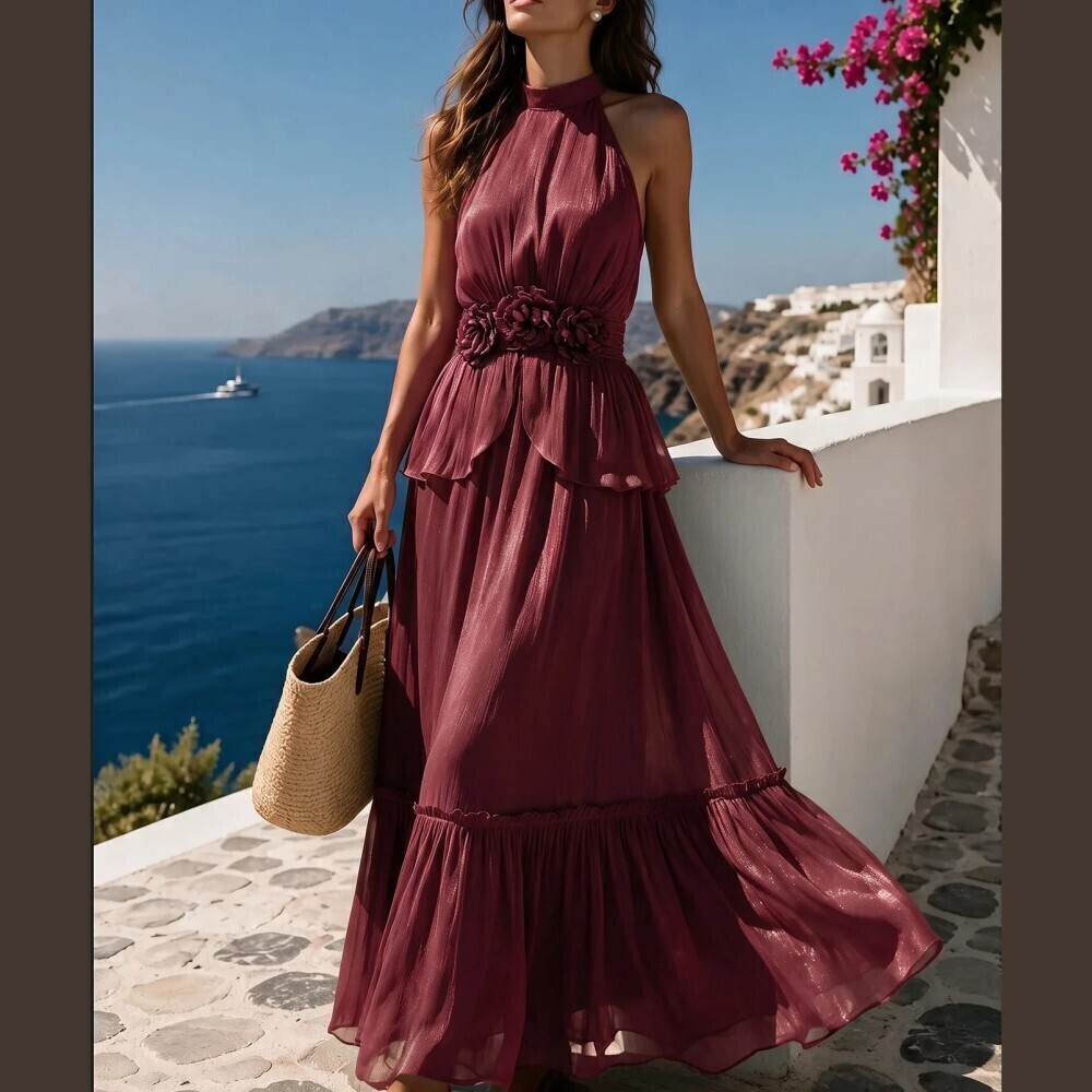 Burgundy Halter Neck Floral Applique Tiered Ruffle Hem Maxi Dress